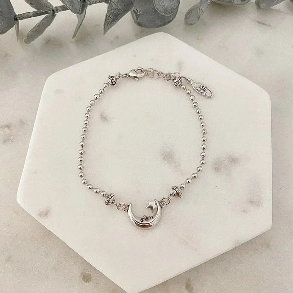 925 Sterling Silver Moon & Star Bracelet Dainty Bracelet Beaded Bracelet - Picture 2 of 4